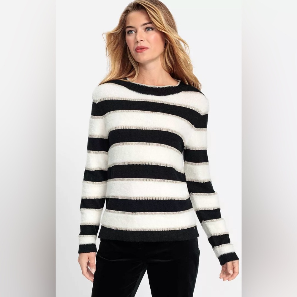 Black White Striped Cozy Fuzzy Knit Sweater Olsen Europe Size 36